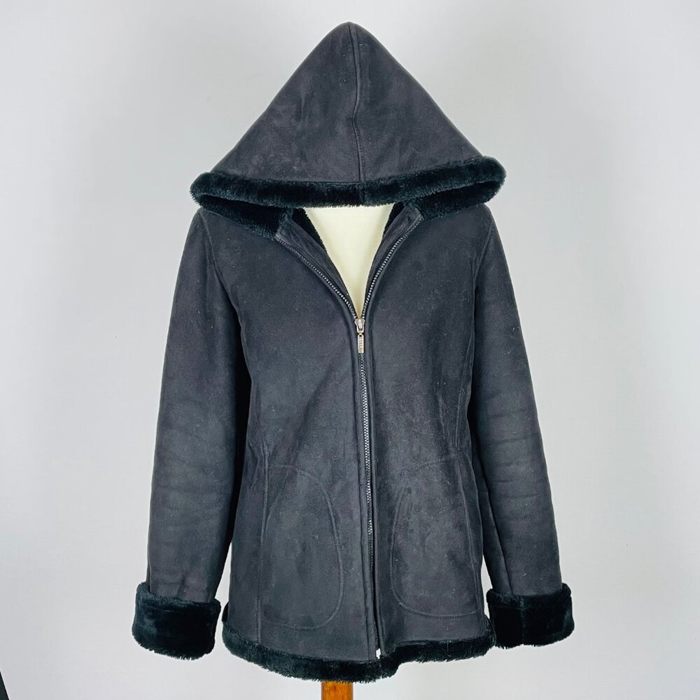 Vintage 90s Y2K Esprit Faux Suede Fur Coat Jacket Sz M Black Hood Penny Lane